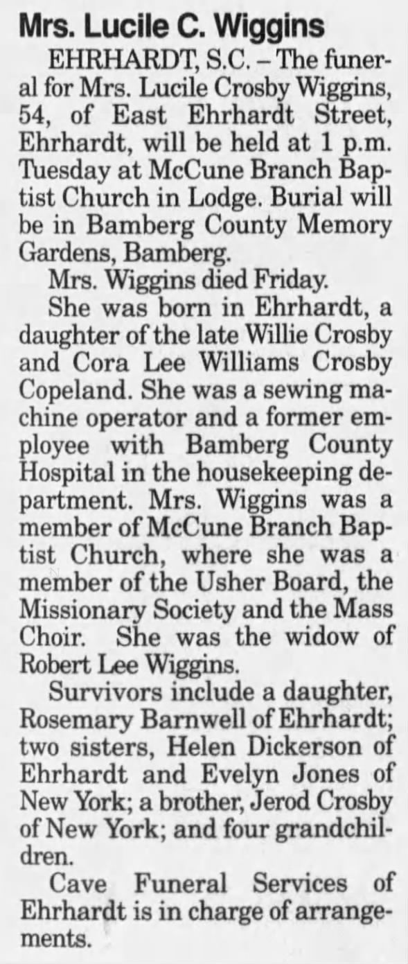 Obituary for Lucile Crosby Wiggins (Aged 54)